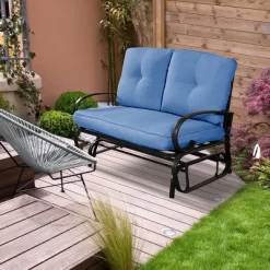 Costway Glider Outdoor Patio Rocking Bench Loveseat Cushioned Seat Steel Frame Blue -Outdoor Furniture Store GUEST d9145d41 290b 4117 b0be ca69ee801424