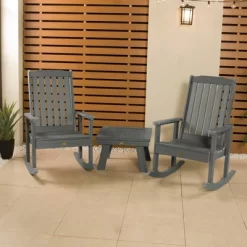Lehigh 2pk Rocking Chairs With 1 Adirondack Side Table Coastal Teak Gray- Highwood