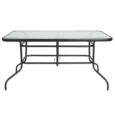 Emma And Oliver 7 Piece Patio Table & Chairs Set With 31.5"x55" Rectangular Metal Table With Tempered Glass Top And 6 Black Aluminum Stacking Chairs 9 Emma And Oliver 7 Piece Patio Table & Chairs Set With 31.5"x55" Rectangular Metal Table With Tempered Glass Top And 6 Black Aluminum Stacking Chairs - Image 7