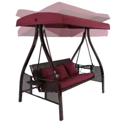 Sunnydaze Decor Sunnydaze 3-Person Outdoor Patio Swing With Adjustable Canopy Shade, Foldable Side Tables, Cushions And Pillow, Merlot -Outdoor Furniture Store GUEST ddfd65b6 99b1 4d4e a352 874c8433c43e