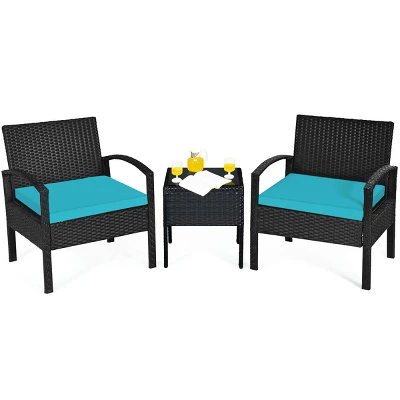 Tangkula 3 Pieces Patio Set Outdoor Wicker Rattan Furniture W/ Cushions Turquoise 5 Tangkula 3 Pieces Patio Set Outdoor Wicker Rattan Furniture W/ Cushions Turquoise - Image 3
