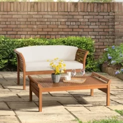 Stamford 2pc Eucalyptus Wood Outdoor Bench With Coffee Table - Natural - Alaterre Furniture