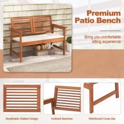 Costway Patio Bench Outdoor Solid Wood Loveseat Chair With Backrest & Cushion Porch Garden -Outdoor Furniture Store GUEST e164e33d 6566 45cf 8e53 a436b90a7dfb