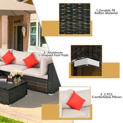 Costway 5PCS Patio Rattan Furniture Set Sectional Conversation W/Beige Cushion 9 Costway 5PCS Patio Rattan Furniture Set Sectional Conversation W/Beige Cushion - Image 7