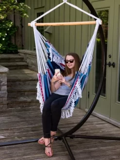 The Hamptons Collection 72” Blue And Red Brazilian Style Hammock Chair With A Hanging Bar -Outdoor Furniture Store GUEST e1bea24d 7a21 4113 9976 8fced45fb906