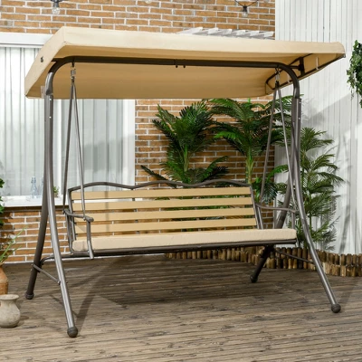 Outsunny 3-Seat Patio Swing Chair, Outdoor Canopy Swing Glider With Cushion, Adjustable Shade, And Slatted Design, For Porch, Garden, Poolside, Beige 4 Outsunny 3-Seat Patio Swing Chair, Outdoor Canopy Swing Glider With Cushion, Adjustable Shade, And Slatted Design, For Porch, Garden, Poolside, Beige - Image 2