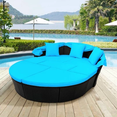 6pc Wicker Round Outdoor Sectional Set With Cushions - Black/Blue - GODEER 6 6pc Wicker Round Outdoor Sectional Set With Cushions - Black/Blue - GODEER - Image 4