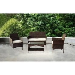 4pc Rattan Wicker Outdoor Lounge Chair With Cushions - Brown/Beige - GODEER -Outdoor Furniture Store GUEST e41ac375 a3fe 485e 9374 ac9000678ea1