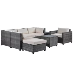 8pc Wicker Patio Conversation Set With Cushions - Beige - GODEER -Outdoor Furniture Store GUEST e54b664c e7da 4462 be9e d3807f13badc