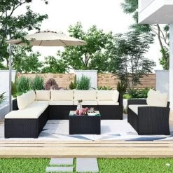 9pc Wicker Patio Sectional Seating Set With Cushions - Black/Beige - GODEER -Outdoor Furniture Store GUEST e6d797cf 7384 471f 90bf 3b8305623a32