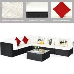 Costway 7PCS Patio Rattan Furniture Set Sectional Sofas Off White & Navy Cushion Covers -Outdoor Furniture Store GUEST e905d2ce 2542 48f4 9c60 488d3f354d14