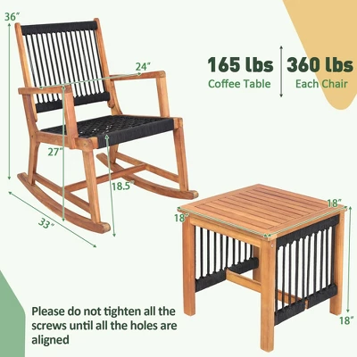 Costway 3pcs Patio Acacia Wood Bistro Table Rocking Chair Set All-Weather Rope Outdoor 4 Costway 3pcs Patio Acacia Wood Bistro Table Rocking Chair Set All-Weather Rope Outdoor - Image 2