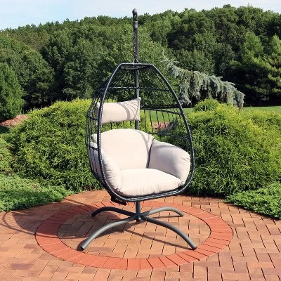 Sunnydaze Decor Sunnydaze Outdoor Resin Wicker Patio Oliver Lounge Hanging Basket Egg Chair Swing With Cushions, Headrest, And Steel Stand Set - Gray - 3pc 3 Sunnydaze Decor Sunnydaze Outdoor Resin Wicker Patio Oliver Lounge Hanging Basket Egg Chair Swing With Cushions, Headrest, And Steel Stand Set - Gray - 3pc