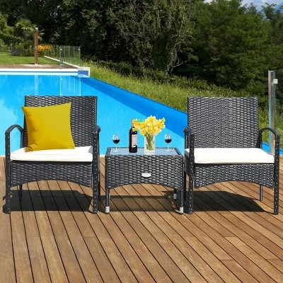 Costway 3 PCS Furniture Set Table & 2 Chair Patio Wicker Rattan W/Cushion 10 Costway 3 PCS Furniture Set Table & 2 Chair Patio Wicker Rattan W/Cushion - Image 8