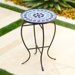 Teal Island Designs Modern Black Round Outdoor Accent Side Tables 14" Wide Set Of 2 Light Blue Mosaic Tabletop Front Porch Patio Home House -Outdoor Furniture Store GUEST eb9f1bc1 8de9 498c 8ae2 9c5c59cf0e59
