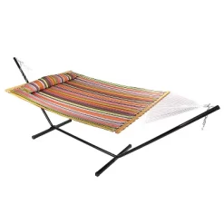 Sunnydaze Decor Sunnydaze Outdoor 2-Person Double Polyester Quilted Hammock With Wood Spreader Bar And 12ft Black Steel Stand -Outdoor Furniture Store GUEST ecdab1d7 64be 496a 84f5 f261ff800535