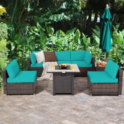Costway 7PCS Patio Rattan Furniture Set 30'' Fire Pit Table Cover Cushion Sofa Off WhiteBlackNavyRedTurquoise -Outdoor Furniture Store GUEST ece3e472 e241 4228 80c1 0cc270e2cd8f