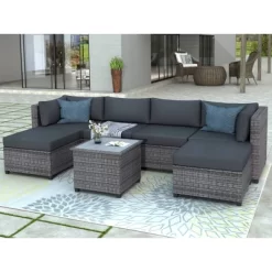 7pc Outdoor Set With Rattan Sofa & Cushions - Gray - GODEER