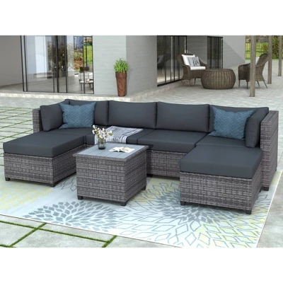 7pc Outdoor Set With Rattan Sofa & Cushions - Gray - GODEER 3 7pc Outdoor Set With Rattan Sofa & Cushions - Gray - GODEER