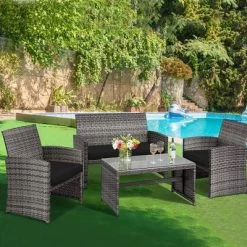 Costway 4PCS Patio Rattan Furniture Set Conversation Glass Table Top Cushioned TurquoiseRed -Outdoor Furniture Store GUEST edd15866 dcb5 4846 bb8f 8174a5e639eb