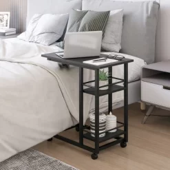 HOMCOM C Shaped End Table With Storage Shelves, Mobile Side Table With Wheels For Sofa Couch, Bed, Metal Frame, Black