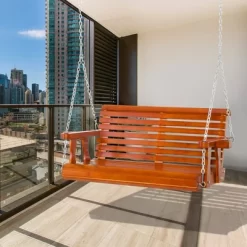 Outsunny 46" 2-Person Porch Swing Wooden Patio Swing Bench With Cup Holders, Slatted Design, & Chains Included, 440lb Weight Capacity -Outdoor Furniture Store GUEST ef37cc61 9303 471d bc30 bf8e914c0b90