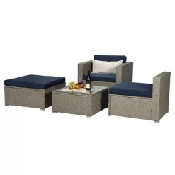 4pc Outdoor Wicker Conversation Set With Cushions - Navy/Beige - GODEER -Outdoor Furniture Store GUEST ef70f0e2 9703 415a a92b 2ee66209ffac