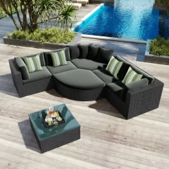 7pc Wicker Patio Seating Set With Cushions & Striped Pillows - Gray - GODEER -Outdoor Furniture Store GUEST f05e3318 9d13 47f0 96ea 112a95f981ae