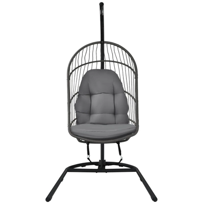 Tangkula Modern Rattan Hanging Egg Swing Chair W/Stand Foldable Cushioned Hammock Gray/Beige 4 Tangkula Modern Rattan Hanging Egg Swing Chair W/Stand Foldable Cushioned Hammock Gray/Beige - Image 2
