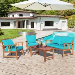Costway 8PCS Wooden Patio Furniture Set Table Sofa Chair Cushioned Garden Turquoise -Outdoor Furniture Store GUEST f126a636 5cef 4720 97bc 6e65ce4ee6fb