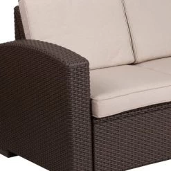 Flash Furniture Chocolate Brown Faux Rattan Loveseat With All-Weather Beige Cushions -Outdoor Furniture Store GUEST f19d1f70 9451 44d7 8dc9 94b4250c7f6b 1