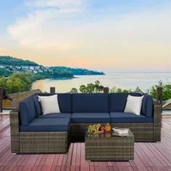 5pc Outdoor Rattan Wicker Sectional Conversation Set With Cushions - Brown/Blue - GODEER 11 5pc Outdoor Rattan Wicker Sectional Conversation Set With Cushions - Brown/Blue - GODEER -Outdoor Furniture Store GUEST f1ad19e8 0545 47f0 aa1d e368c58e6192