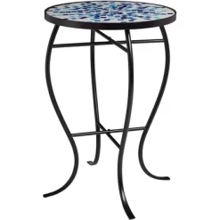Teal Island Designs Modern Black Round Outdoor Accent Side Tables 14" Wide Set Of 2 Multi Blue Mosaic Tabletop Front Porch Patio Home House -Outdoor Furniture Store GUEST f1c017ba ce97 46ee ab04 df2ff761535e