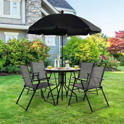 Costway 6 PCS Patio Dining Set Folding Chairs Glass Table Tilt Umbrella Garden 3 Costway 6 PCS Patio Dining Set Folding Chairs Glass Table Tilt Umbrella Garden