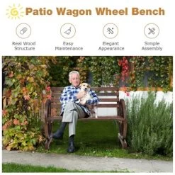 Costway Outdoor Wooden Wagon Wheel Garden Bench 2-Person Slatted Seat Armrests Rustic -Outdoor Furniture Store GUEST f1f4f3f7 7fa0 4688 8898 9989c7ba39f4