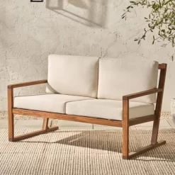 Saracina Home Modern Slat -Back Acacia Outdoor Bench With Cushions