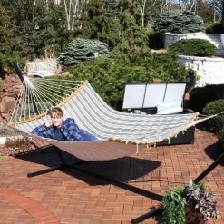 Sunnydaze Decor Sunnydaze Polycotton 2-Person Hammock With Curved Bamboo Foldable Spreader Bars - 450 Lb Weight Capacity - Neutral Stripe -Outdoor Furniture Store GUEST f42de0fd 89ae 4b0a b652 4676d81623d8