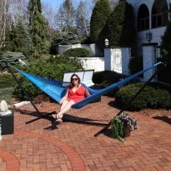 Sunnydaze Decor Sunnydaze XXL Thick Cord Family Size Hand-Woven Portable Mayan Hammock With Steel Stand - 400 Lb Weight Capacity/15' Stand - Blue -Outdoor Furniture Store GUEST f586fb2c ac43 4698 aab3 8d4705b11e89