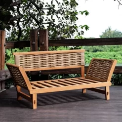 Cambridge Casual Auburn Teak & Wicker Outdoor Patio Daybed With Cushion Brown/Blue -Outdoor Furniture Store GUEST f5f33cd9 3010 4e87 9f21 f7fc88ae2aa9