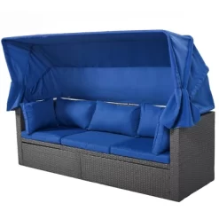 4pc Outdoor Wicker Rectangle Daybed With Canopy & Cushions - Blue - GODEER -Outdoor Furniture Store GUEST f61777c4 658b 4c47 94d6 a2b9490a7e2f