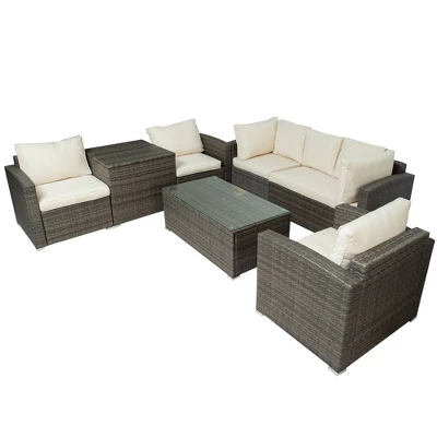 7pc Wicker Patio Seating Set With Cushions & Storage Box - Gray/Beige - GODEER 6 7pc Wicker Patio Seating Set With Cushions & Storage Box - Gray/Beige - GODEER - Image 4