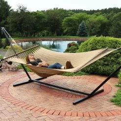 Sunnydaze Decor Sunnydaze Outdoor 2-Person Double Polyester Rope Hammock With Wood Spreader Bar And 15ft Black Steel Stand -Outdoor Furniture Store GUEST f717ca0f 32c3 4424 8d5c 12f884aca55c