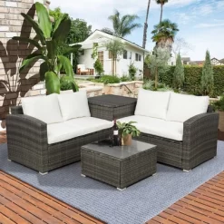 4pc Wicker Patio Conversation Set With Cushions - Gray/Beige - GODEER -Outdoor Furniture Store GUEST f9a8c569 d4af 47c8 b114 a050b8f54c3c
