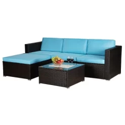 5pc Outdoor Rattan Wicker Conversation Set With Sofas, Chair, Coffee Table & Ottoman - Brown/Blue - GODEER -Outdoor Furniture Store GUEST f9b36d45 11d2 4ec0 9b59 04d0f9163ebb