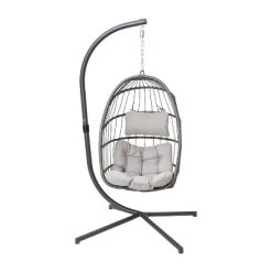 Merrick Lane Foldable Woven Hanging Egg Chair In Gray With Removable Gray Cushions And Stand For Indoor And Outdoor Use -Outdoor Furniture Store GUEST fab70e40 a21a 4e46 ab14 c755d54c07f0