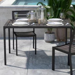 Flash Furniture Lark Outdoor Dining Table With Synthetic Gray Wash Teak Poly Slats - 30" X 48" Steel Framed Restaurant Table With Umbrella Holder Hole -Outdoor Furniture Store GUEST faee44d7 b301 4352 bcfa 43bb4f3828b4