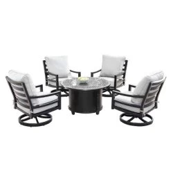 5pc Outdoor Fire Table Set With Geometric 44" Round Fire Table, 4 Deep Seating Swivel Rocking Chairs & Table Fabric Covers - Oakland Living
