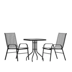 Emma And Oliver Three Piece Patio Table Set With Square Metal Frame Table With Tempered Glass Top And Two Flex Comfort Stacking Chairs -Outdoor Furniture Store GUEST fb881a18 25a9 4ed6 8160 26a270226dd8