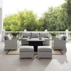 Bradenton 6pc Outdoor Wicker Sofa And Arm Chair Seating Set With Dante Fire Table And 2 Ottomans - Gray/Gray - Crosley -Outdoor Furniture Store GUEST fd1c38ab cc3e 44d6 89da d76a00634ba5