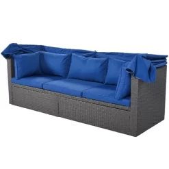 4pc Outdoor Wicker Rectangle Daybed With Canopy & Cushions - Blue - GODEER -Outdoor Furniture Store GUEST ff0ce38e fffd 416a a99a a9bc9a14cd44